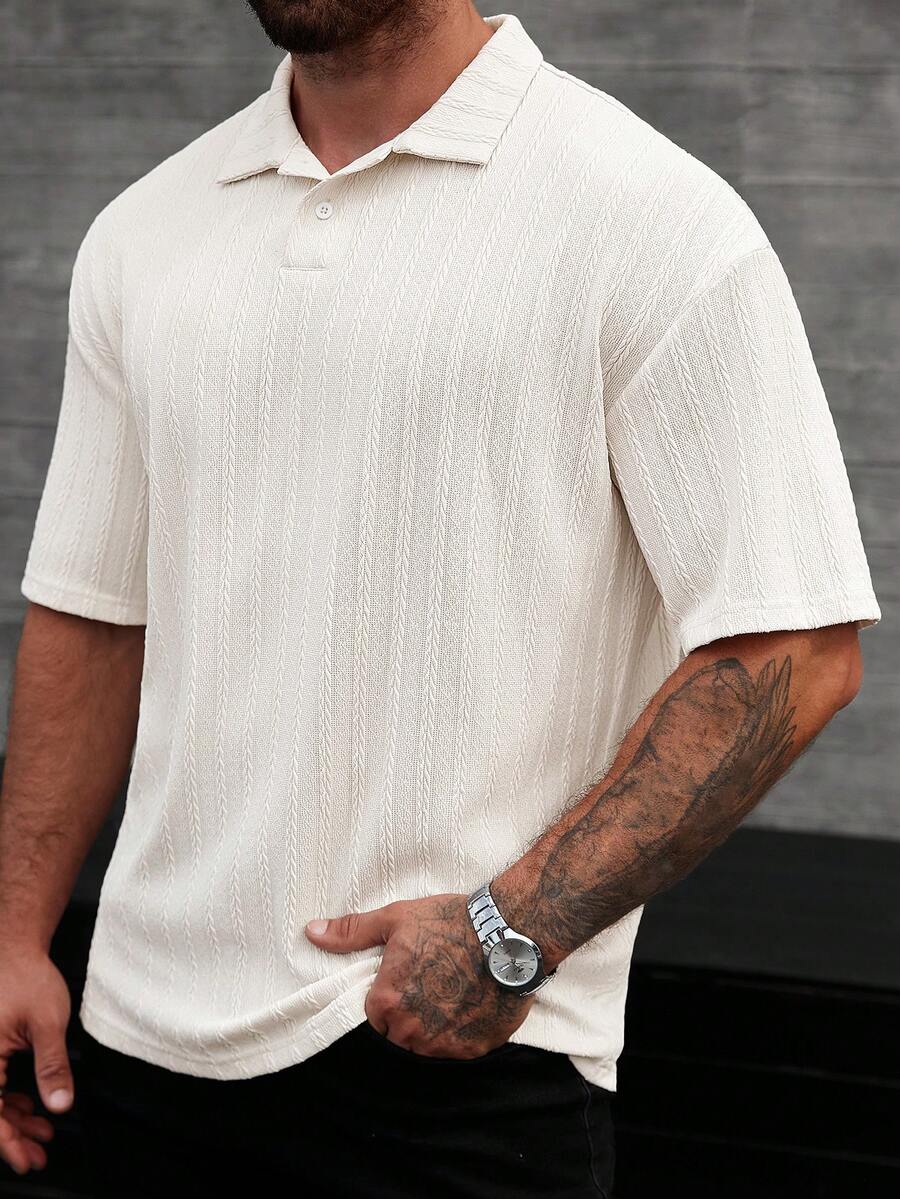 Manfinity CasualCool 男士休闲纯色短袖 Polo 衫，夏季男士纽扣针织 Polo 衫，男士沙滩装，白色/米色男士高尔夫球衫 - 杏色 - 查看 1