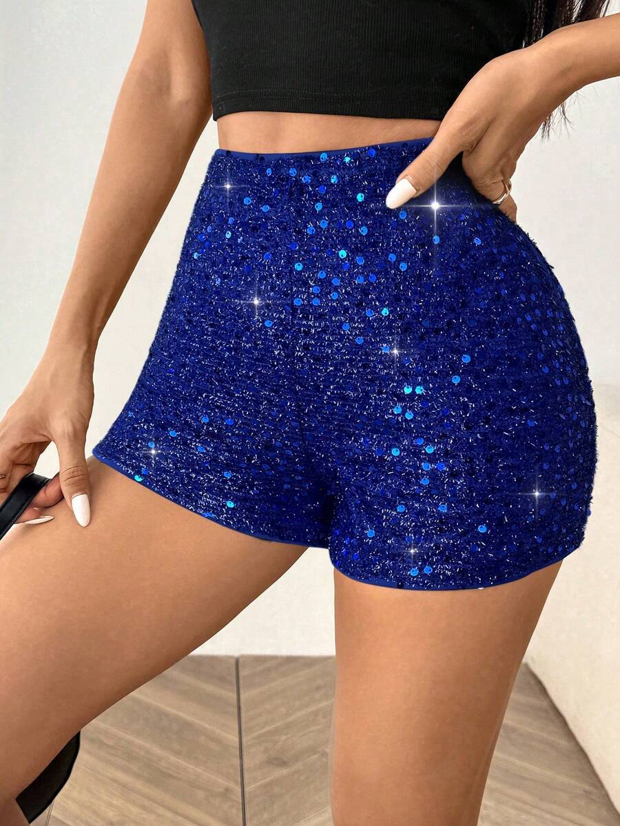 SHEIN EZwear 女士音乐节亮片针织短裤，宝石蓝 - 寶藍色 - 查看 1