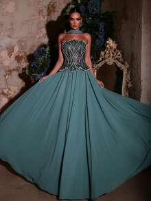 Glamrae 优雅奢华的绿色串珠亮片吊带长裙，适合婚礼、派对、度假、晚宴、正式场合（装饰繁复） - 草綠色 - 查看 2