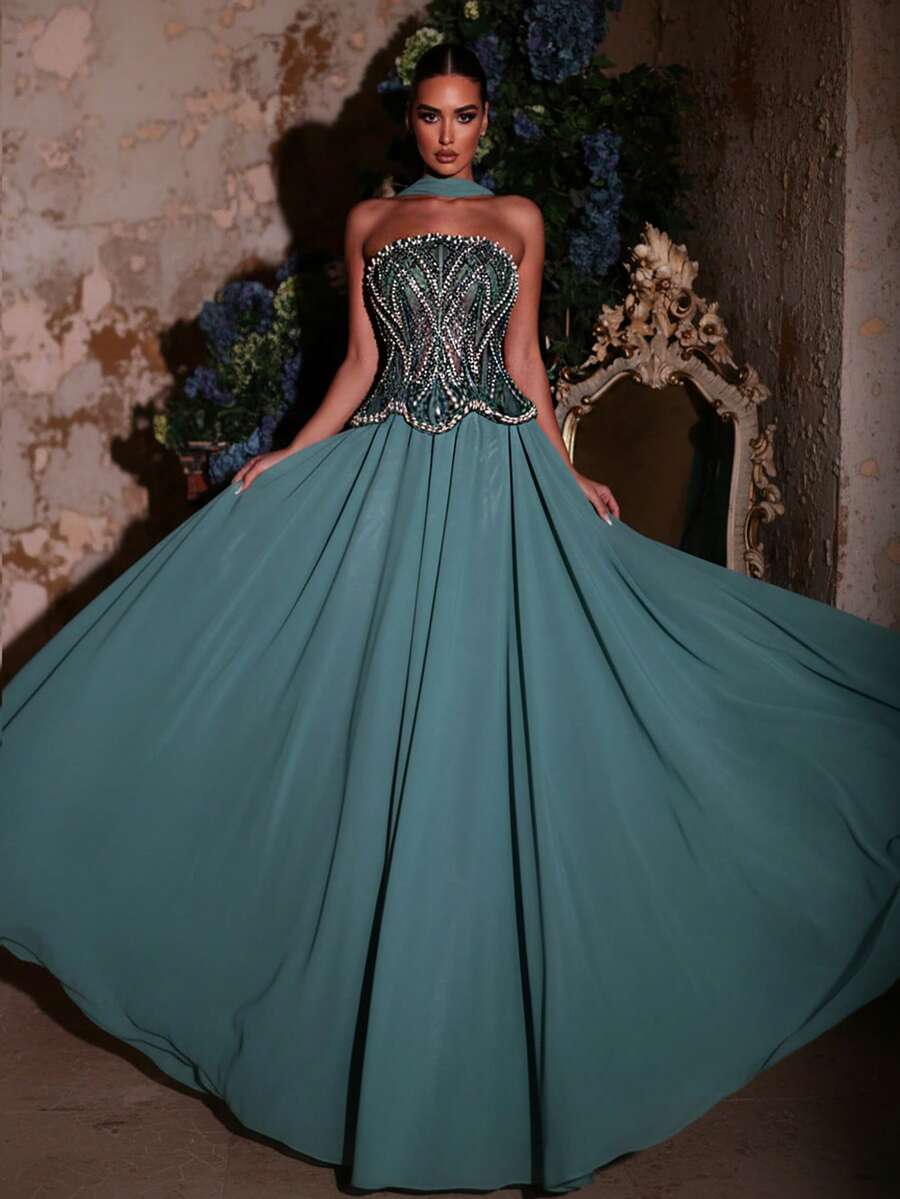 Glamrae 优雅奢华的绿色串珠亮片吊带长裙，适合婚礼、派对、度假、晚宴、正式场合（装饰繁复）