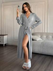 HautHeat Women's Solid Color Crossover Wrap Long Sleeve Comfortable Breathable Robe - Light Grey - View 1