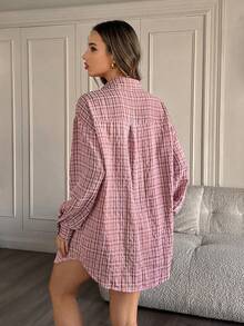 HautHeat Women's Plaid Front Button Long Sleeve Pajama Top - Burgundy - View 4