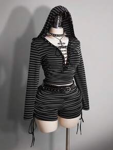 SHEIN ICON Plus Size Y2K Dark Punk Style Casual Side Ruched Drawstring Striped Shorts Goth Shorts Black And Gray Striped Shorts Ruched Shorts - Black - View 7