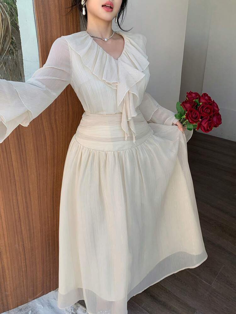 Solid Ruffle Trim Flounce Sleeve Top & Skirt