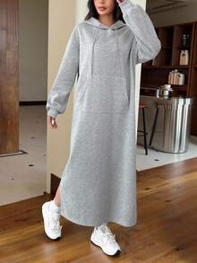 SHEIN EZwear Gray Casual Long Hooded Sweatshirt, Autumn/Winter,Long Sleeve Tops - Grey - View 3