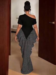 Maweii Robe à manches asymétriques froncées avec imprimé à carreaux et ceinture à la taille, convient pour les fêtes, Halloween, Thanksgiving, Noël, printemps/été/automne/hiver, mode, élégante, décontractée, bureau, rendez-vous - Noir - Voir 2