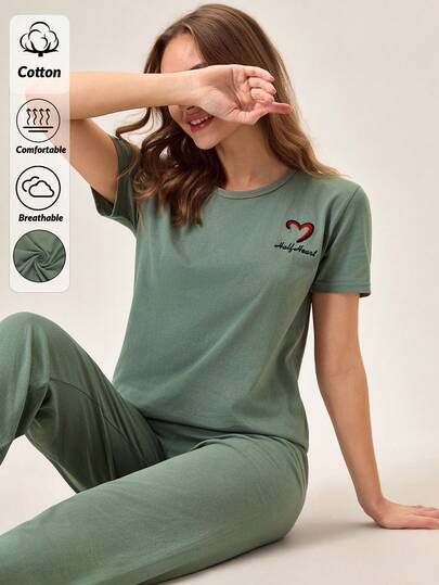 EURMUSE Cottonline Women Letter & Heart Embroidery Short Sleeve Long Pants Homewear Comfort Lounge Pajama Set