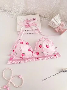 PetitDoll ملابس داخلية للنساء بطبعة خوخية، بحمالات رفيعة وياقة مكشكشة - وردي - مشاهدة 1