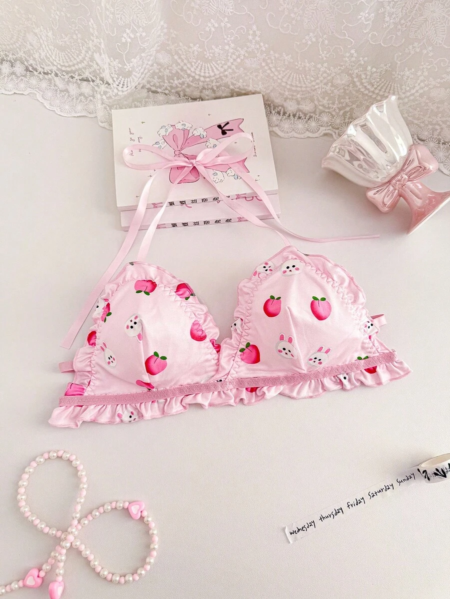 PetitDoll ملابس داخلية للنساء بطبعة خوخية، بحمالات رفيعة وياقة مكشكشة - وردي - مشاهدة 1