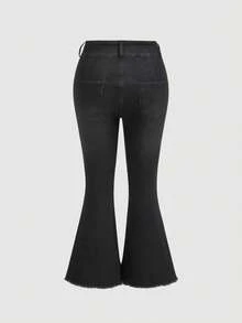 SHEIN Tall CURVE 秋冬季加大码纯色弹力修身喇叭裤型时尚优雅弹力舒适黑色牛仔裤 - 黑色 - 查看 4