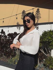 Andrea Bello 女式纯色插肩灯笼袖单排扣休闲衬衫，秋季，长袖上衣 - 白色 - 查看 3