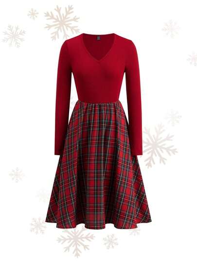 Ellevyn Damklänning med V-ringning, långärmad stickning, elastisk, tvåfärgad rutig klänning, åtsnörad midja, A-linjeformad, elegant vardags- och högtidsklänning, höst/vinter