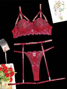 SHEIN Plus Floral Embroidery Mesh Underwire Garter Lingerie Set - Burgundy - View 4