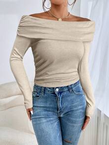 Firerie Women's Solid Color Ruched Off Shoulder Fashionable Long Sleeve T-Shirt - Apricot - View 5