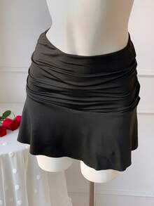 SHEIN EZwear Women Solid Ruched Ruffle Hem Mini Skirt - Black - View 3