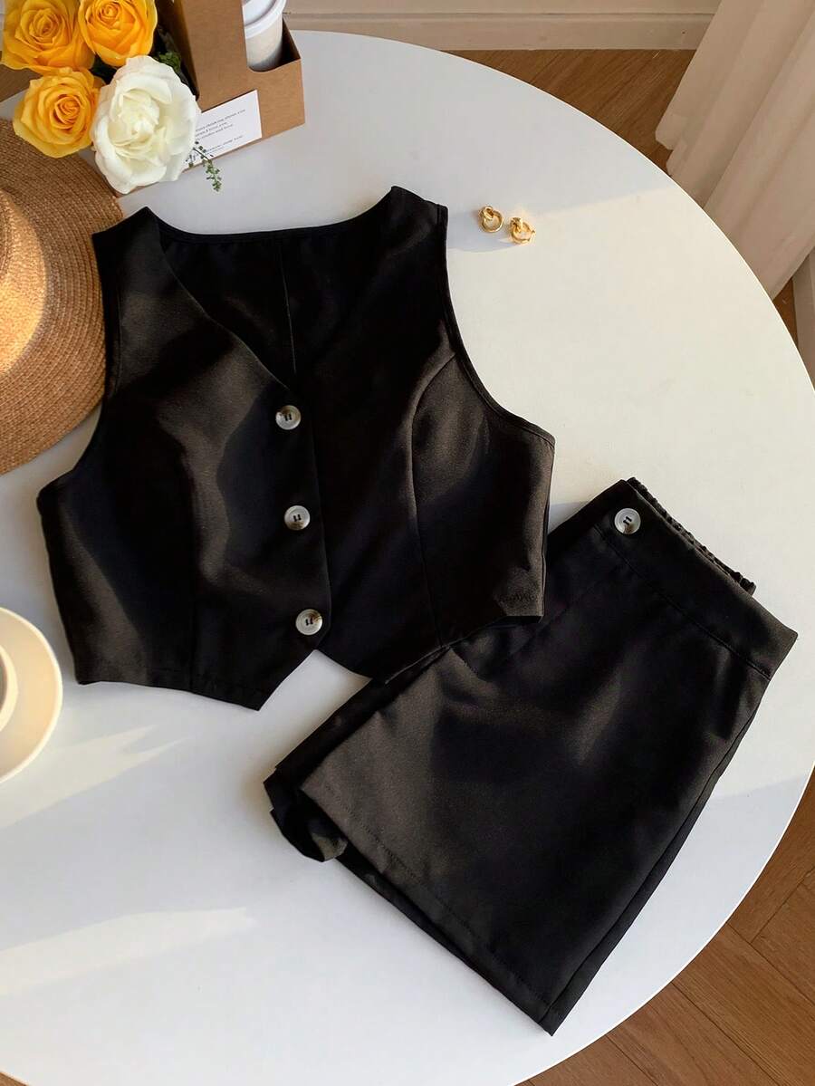 SHEIN EZwear Ladies' Solid Casual Button Front Waistcoat And Shorts Suit Set In Fall/Winter - Black - View 1