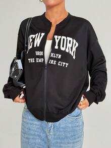 Dewbera Women's Baseball Collar Slogan Print Zip Front Long Sleeve Casual Versatile Sports Jacket Work Out Jacket Jacket Gym New York Outfits Zip Up Hoodie Women Bbl Gym Jacket - Black - View 4