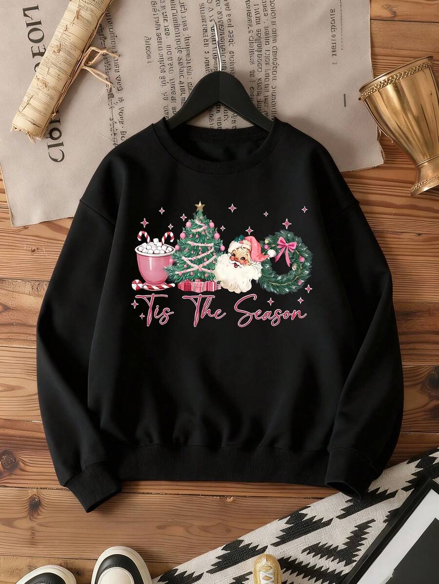 EMERY ROSE Plus Size Christmas Letter & Cartoon Print Crew Neck Long Sleeve Pullover Sweatshirt Fall - Black - View 1