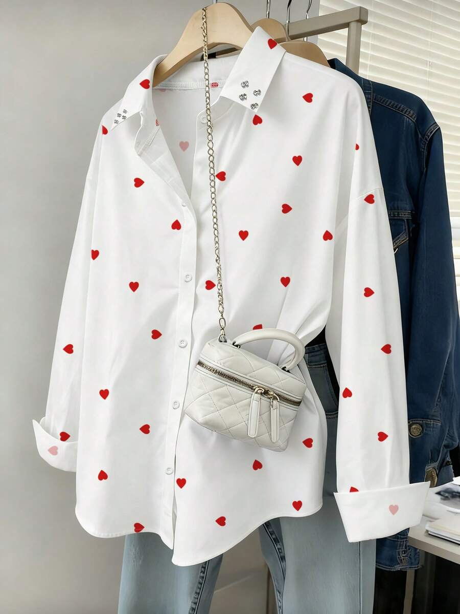 Airaco Casual Loose Rhinestone Studded Heart Print Long Sleeve Blouse For Women - White - View 1