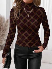 SHEIN Clasi 女士休闲修身高领针织上衣，经典学院风格纹印花 - 优雅永不过时的秋冬长袖上衣，适合工作、办公室、正式场合及秋季休闲穿着，图案T恤，春季款 - 彩色 - 查看 5