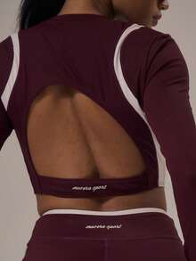 Musera Sport Top corto de manga larga con recorte en la espalda, ajustado, para actividades deportivas de invierno, gimnasio y entrenamiento, de aleación - Burdeos - Ver 2