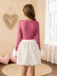 Tween Girls Pink Autumn Country Concert Elegant Long Sleeve Faux Pearl T-Shirt With Faux Fur Cuff & Short Fringed Skirt Christmas Party Outfit Set - Purple - View 2