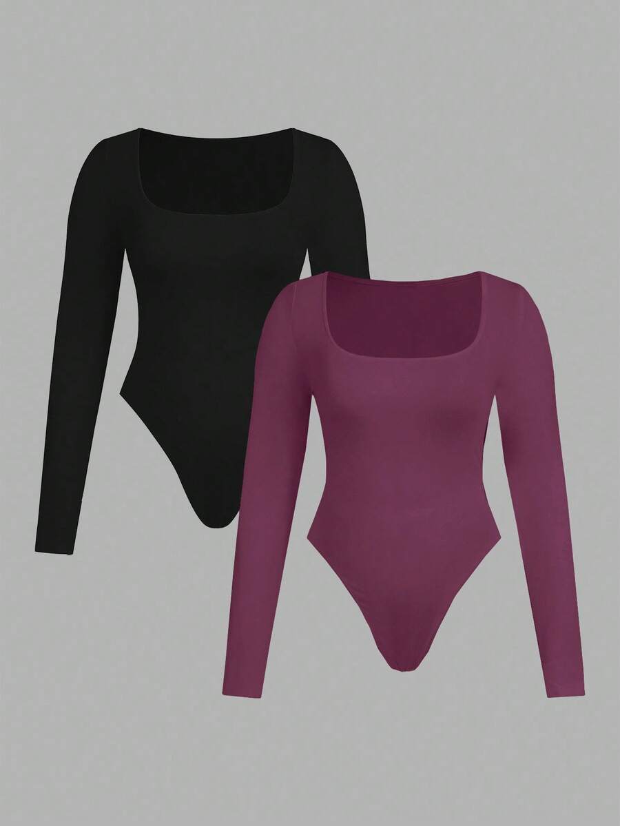 SHEIN Essnce Plus Size Women's Fashionable Casual Commuting Business Casual Young Business Professional Inner Wear 2-Piece, Black, Burgundy, Anchor Red Multi-Piece Tight Bodycon Square Neck Long-Sleeved Jumpsuit Bodysuit - Red Violet - View 1