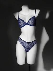 SHEIN Women Lace Underwire Soft Cup Bra Set - Navy Blue - View 5
