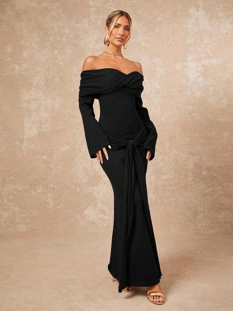 Lumalex Off-Shoulder Flare Sleeve Waist Cinched Ruched Tie-Knot Maxi Sweater Dress For Women - Black - View 1