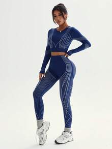 Dewbera Damski, minimalistyczny, sportowy top z okrągłym dekoltem i długimi rękawami, ze spodniami i nadrukiem