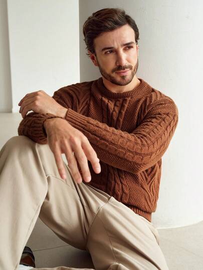 Manfinity Homme 男士纯色绞花休闲套头毛衣，长袖上衣