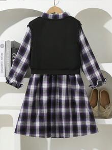 Tween Girls Elegant Commuter School Style Plaid Long Sleeve Dress + Knit Vest Sweatshirt Set, Autumn/Winter - Multicolor - View 2