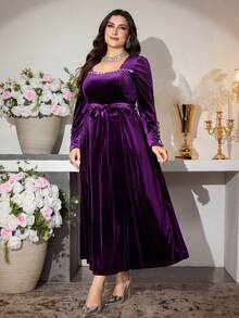 Modelyn Đầm chữ A cổ vuông tay dài đính ngọc trai nhung thanh lịch cỡ lớn, phù hợp mặc hàng ngày và tụ tập vào mùa xuân và mùa thu - Màu tím - Xem 3