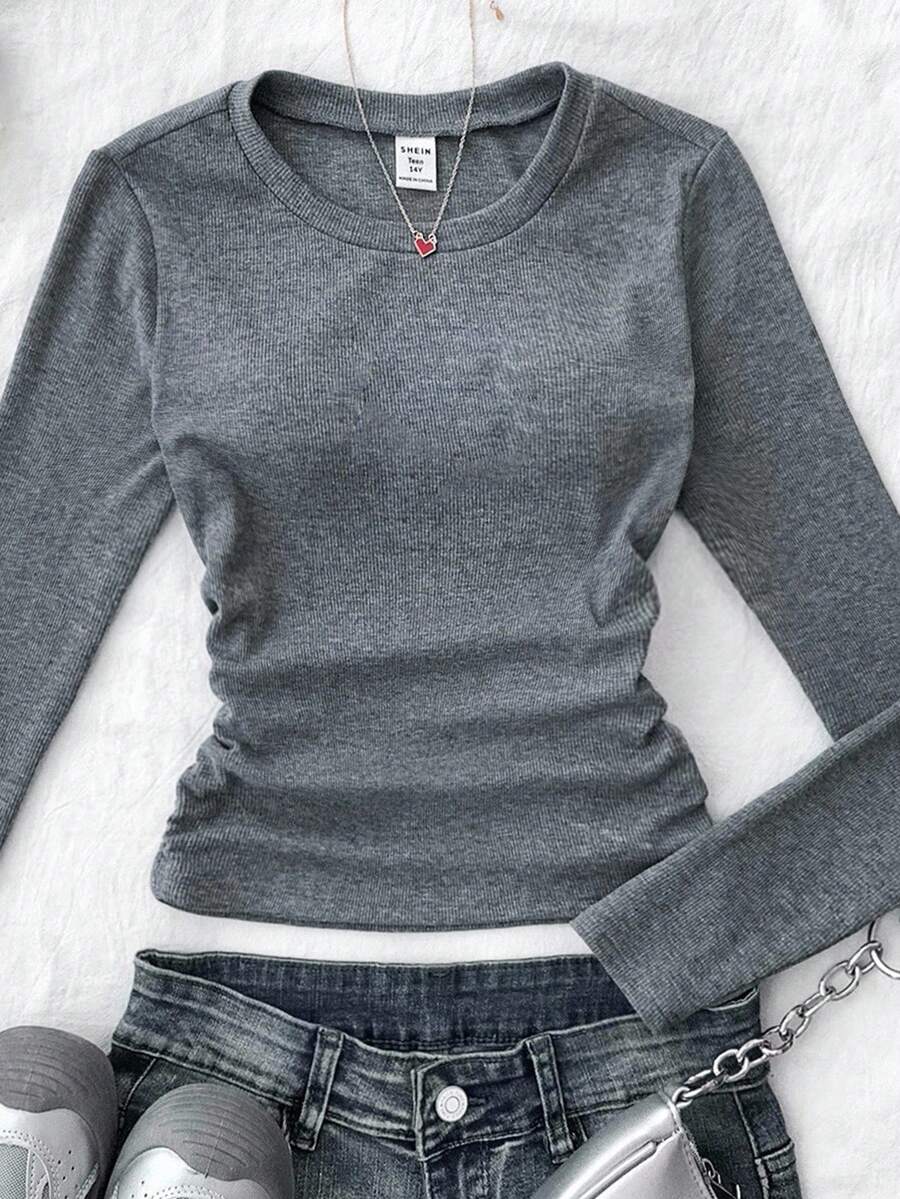 SHEIN Teen Girls Solid Color Star Pattern Pleated Camisole, Suitable For Casual Wear, Winter - Dark Grey - View 1