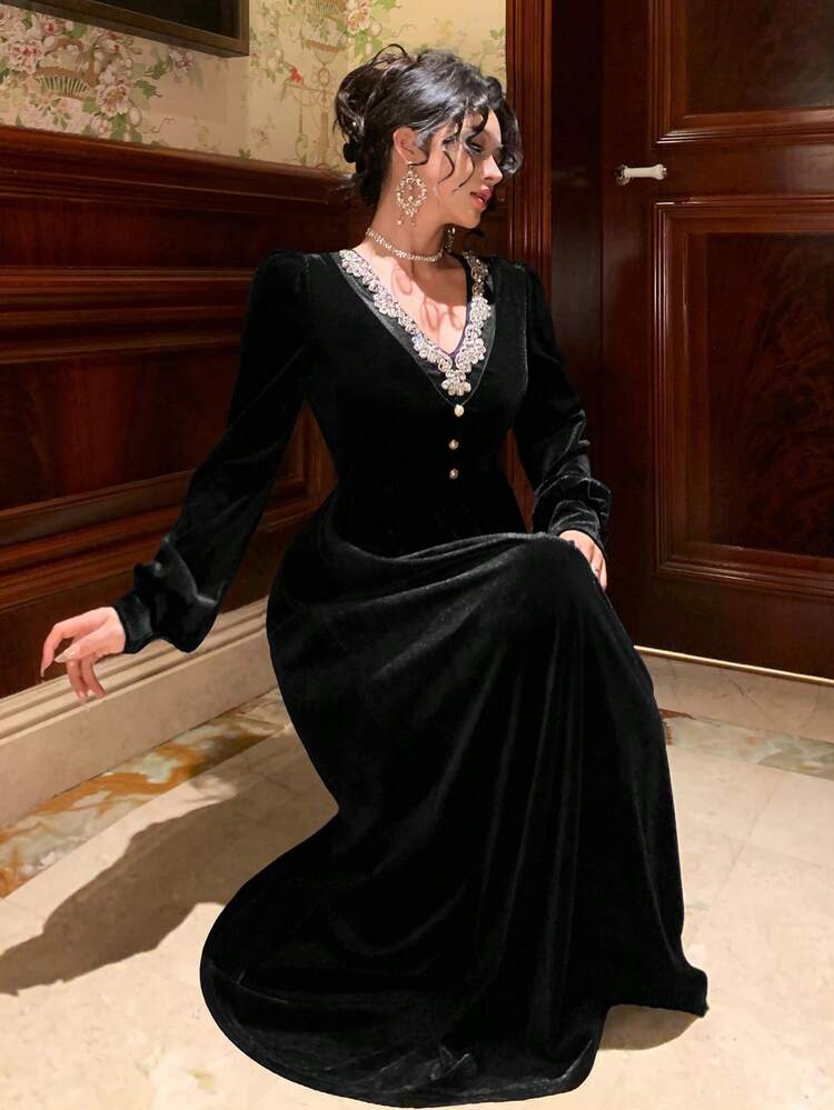 French V-Neck Handmade Rhinestone Velvet Dress, Women's Elegant Long Dress, Autumn/Winter Dress