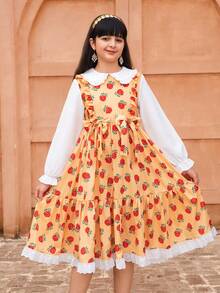 Robe à manches longues col rond pour filles avec poignets élastiques, imprimé numérique rose orange, ourlet plissé avec dentelle, style casual, polyvalent et mode princesse - Jaune citron - Voir 5