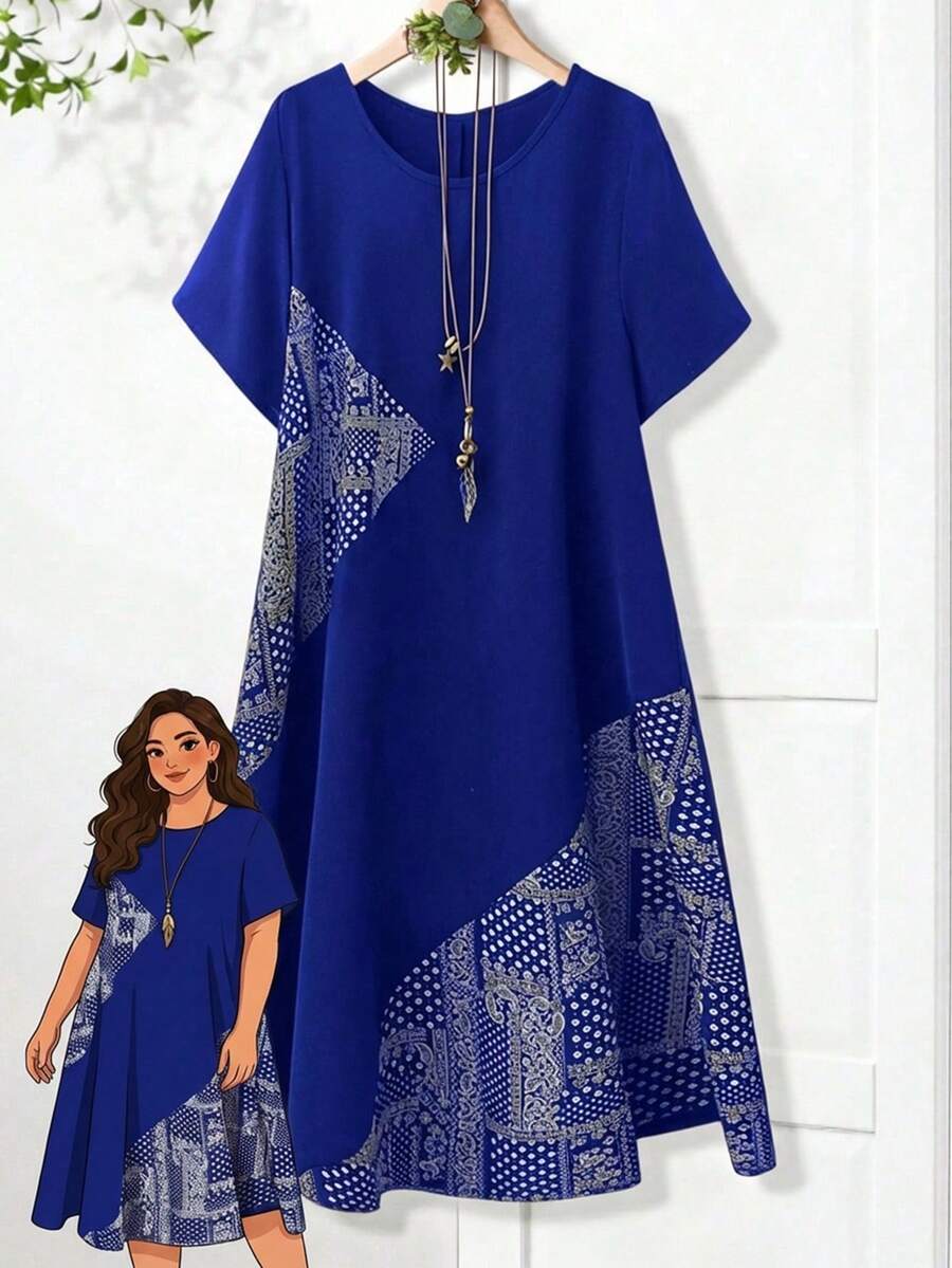 Rusticease 大码短袖连衣裙，夏季时尚 - 寶藍色 - 查看 1