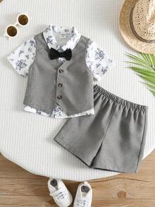 SHEIN 3件套男婴幼儿可爱植物图案短袖衬衫、针织背心和短裤套装，绅士装扮，适合休闲外出、室内活动、生日派对、婚礼、迎婴派对、春夏穿着。 - 灰色 - 查看 4