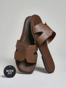 SHUZIA 宽版女式奢华风格露趾露趾简约棕榈印花PU深橄榄色拖鞋 - 加大码舒适