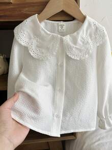 LMoss Kids 女童纯色荷叶边领长袖休闲衬衫 - 白色 - 查看 7