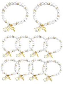 12 Hollow Cross Bead Elastic Bracelets, Suitable For First Communion, Wedding Ceremonies, Birthday Gifts, Baptism Gifts, Souvenirs - Multicolor - View 2