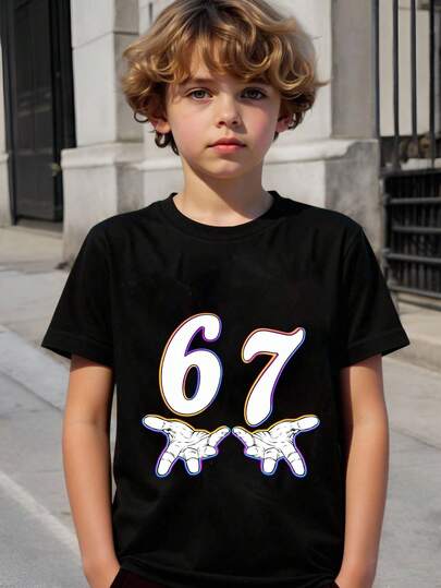 Young Boys' Casual Comfortable Fashion Versatile Creative Funny Double Hand Holding "67" Graphic Short Sleeve T-Shirt, Suitable For Outdoor, Sports And School Wear In Summer