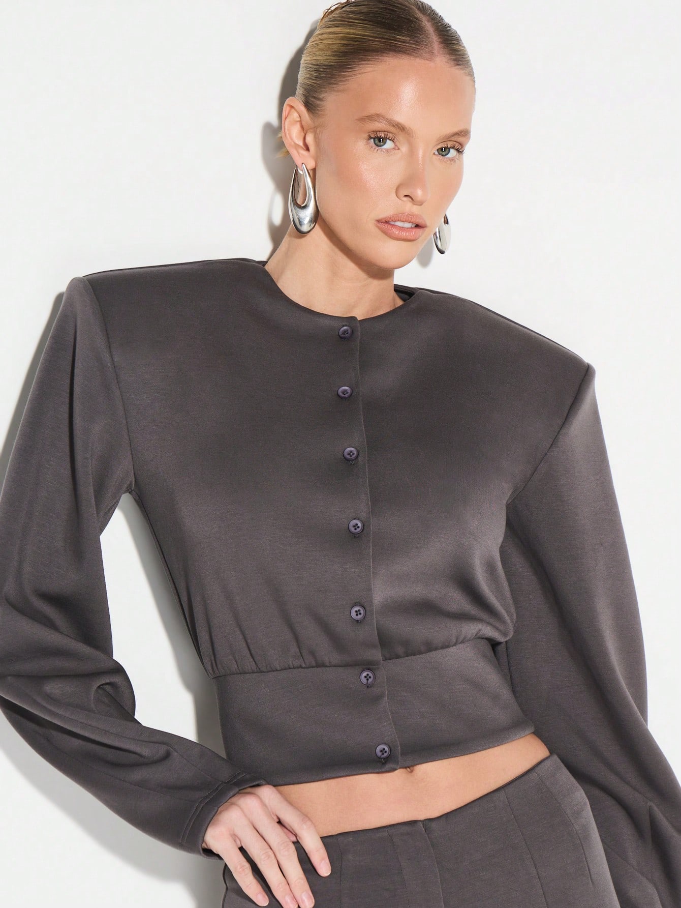KIZN Button Front Cardigan With Shoulder Pads