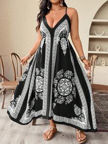 Weeklong Plus Size Women Elephant Print Asymmetric Strap Vacation Dress - Black - View 7