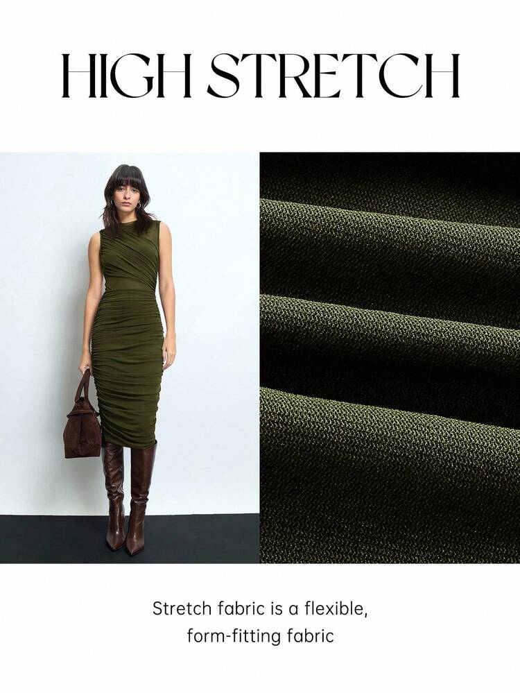 SHEIN Maija Women's Elegant Solid Color Ruched Waist Half Sheer Round Neck Sleeveless Fitted Midi Dress For Party, Early Spring Festival  St Patrick's Day Women Easter Summer Outfits Easter Dress Women Party Top Beach Dress Summer Holiday Outfits Each Vacation Outfits For Women  Summer Outfit For Women Going Out Outfits Graduation Graduation Outfit  Casual Dresses  Casual Blouses For Women