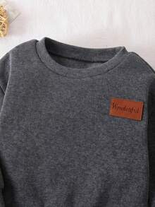 SHEIN Babygirl Cute Grey Long Sleeve Sweatshirt & Elastic Waist Pants Set, Autumn/Winter - Dark Grey - View 5