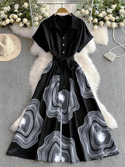 GlowEve CURVE Plusstorlek Dam Vårklänning i vävt tyg, randigt tryck, slag, sänkta axlar, kort ärm, åtdragen midja, a-linjeformad fåll, avslappnad, elegant, bekväm långklänning, mångsidig för vardag, arbete och utflykter