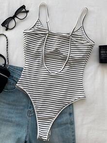 Comfortcana Ladies' Striped Printed Sleeveless Bodysuit For Summer - Black and White - View 2