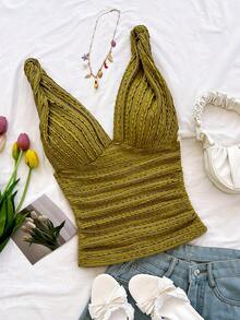 Soleia Women's Vacation Knit White Textured V-Neck Twist Strap Ruched Waist Fitted Stylish Slim Tank Top, Suitable For Party, Date, Valentine's Day Mustard Top Summer Top Cleavage Top - Olive Green - View 1