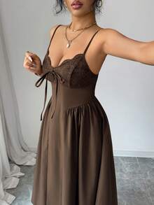 Elenzga Abito elegante da donna con inserti in pizzo, vita arricciata e linea ad A, adatto per la primavera/estate - Castano - Visualizzare 6